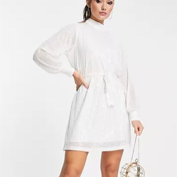 Pretty Lavish Dresses & Skirts - Pretty Lavish white sequined long sleeve mini Dress US 8 Balloon Sleeve